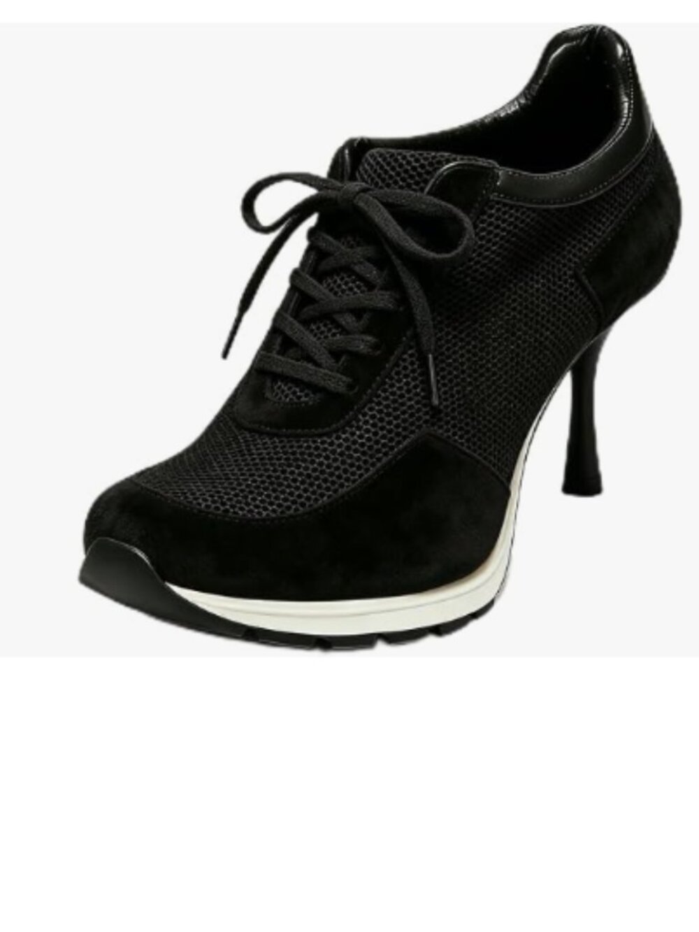 Black Women Lace Up Round Toe Sneaker Heels Sporty Breathable Mesh Pumps